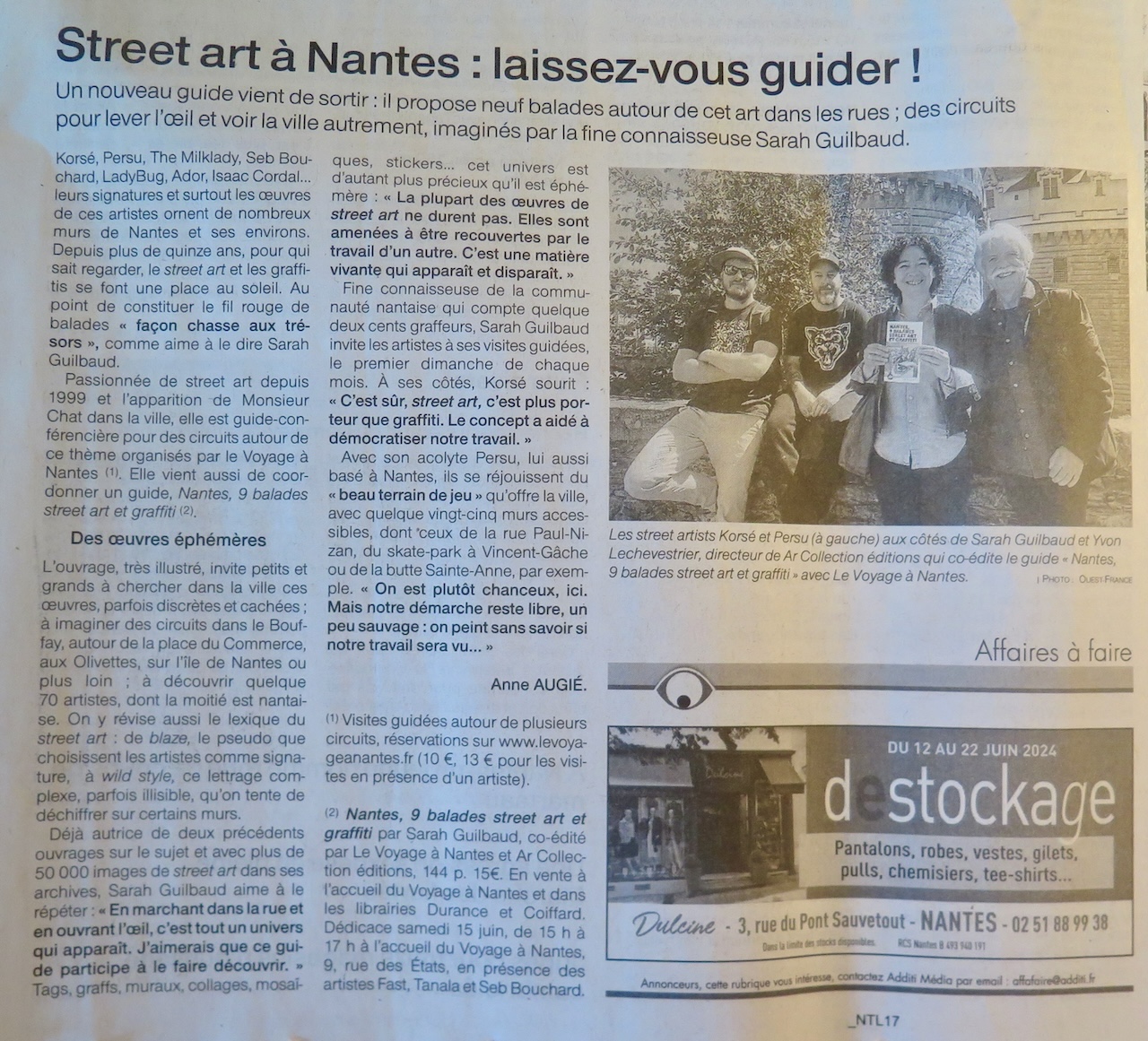 ouest-france presse nantes guide livre "guide street art à nantes" balades "street art et graffiti à nantes" "Nantes, 9 balades street art à nantes" "office du tourisme de nantes" "voyage à nantes" "sarah guilbaud"